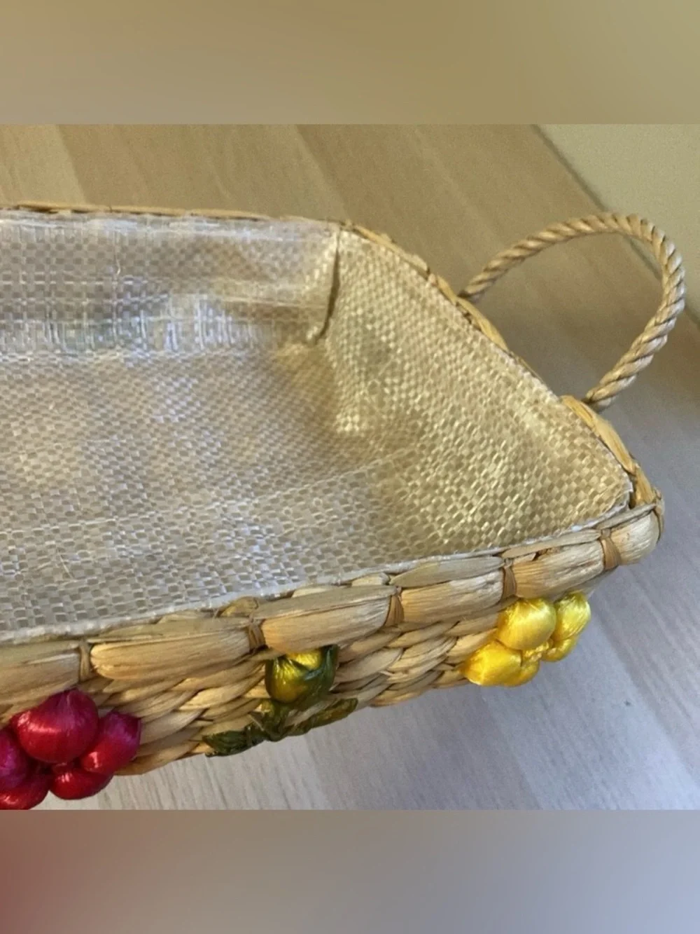 Vintage Woven Casserole Basket with Handles, 8x13 glass dish holder, flowers